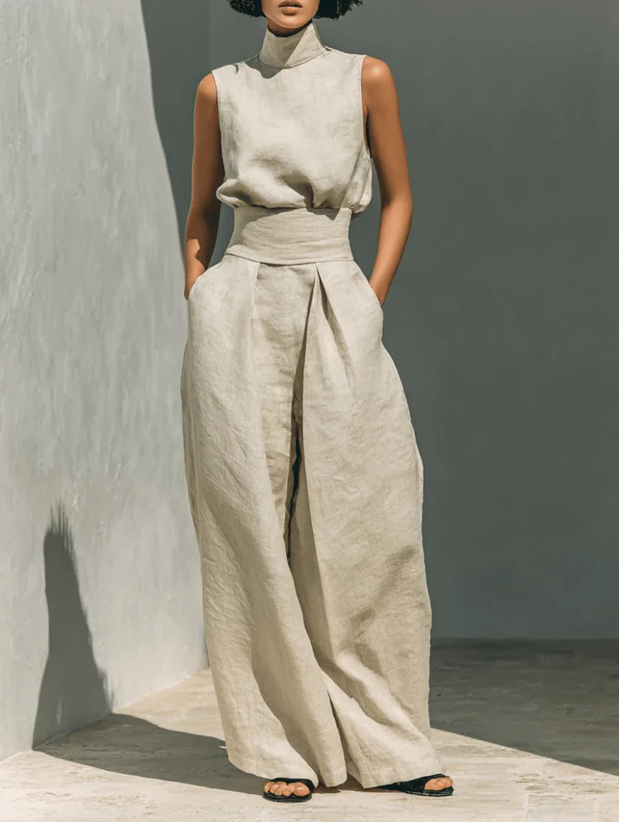 Inés | Conjunto minimalista de lino con top sin mangas y pantalón amplio - RivenaModa