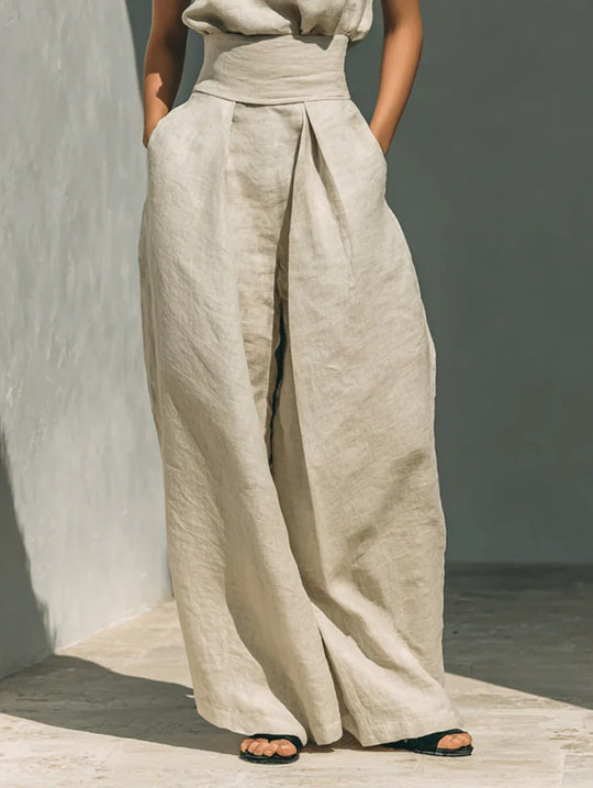 Inés | Conjunto minimalista de lino con top sin mangas y pantalón amplio - RivenaModa