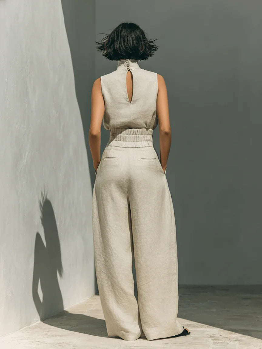 Inés | Conjunto minimalista de lino con top sin mangas y pantalón amplio - RivenaModa