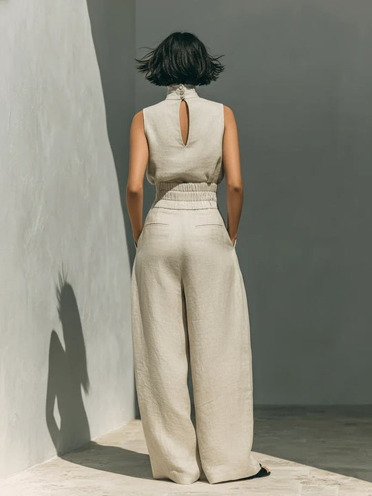 Inés | Conjunto minimalista de lino con top sin mangas y pantalón amplio - RivenaModa
