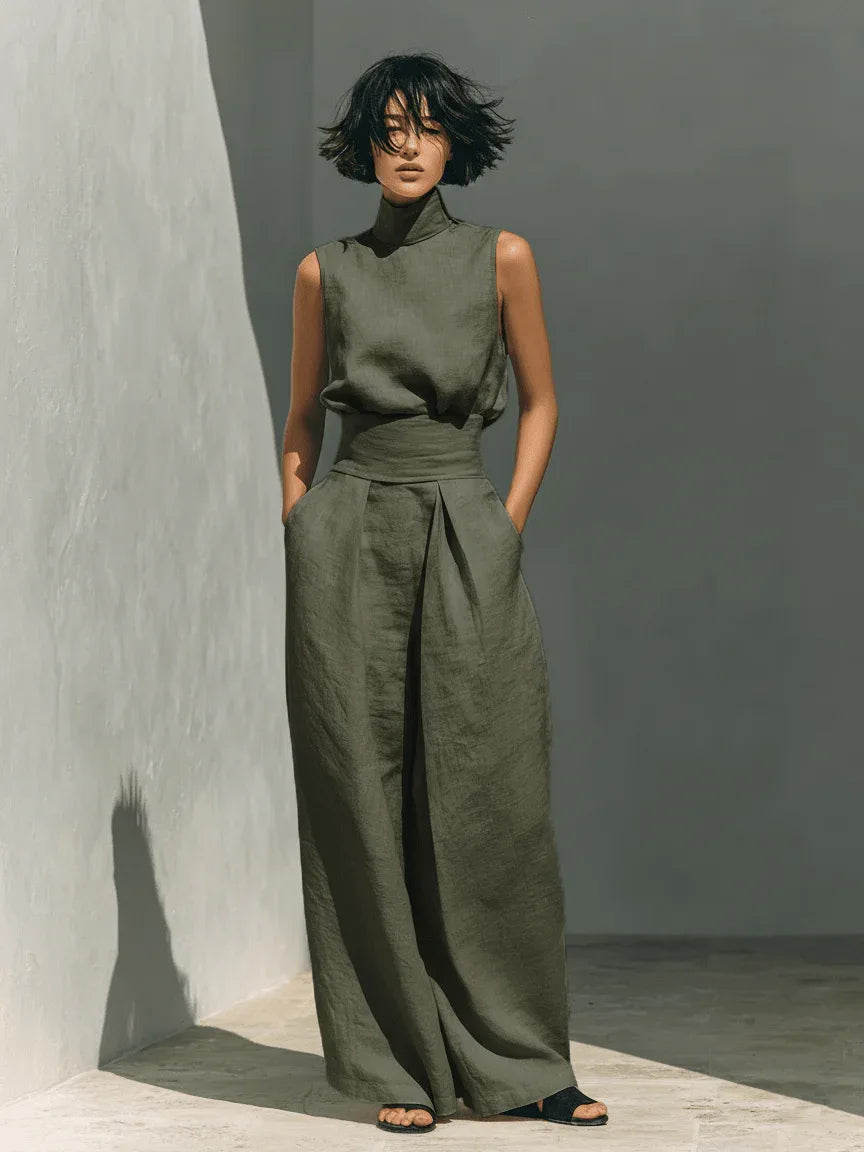 Inés | Conjunto minimalista de lino con top sin mangas y pantalón amplio - RivenaModa