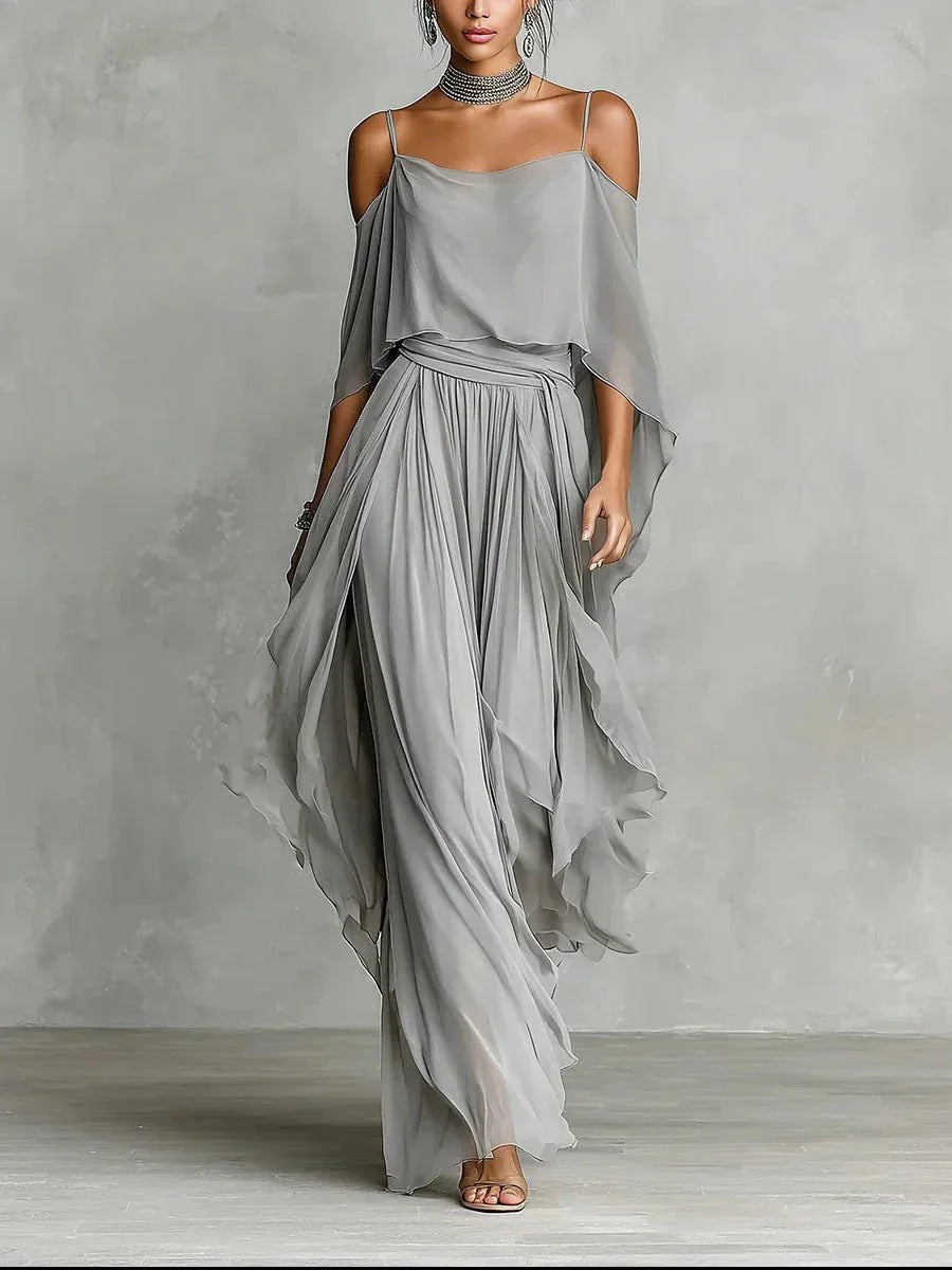 Isabela | Conjunto fluido gris con top de tirantes y pantalón ligero - RivenaModa