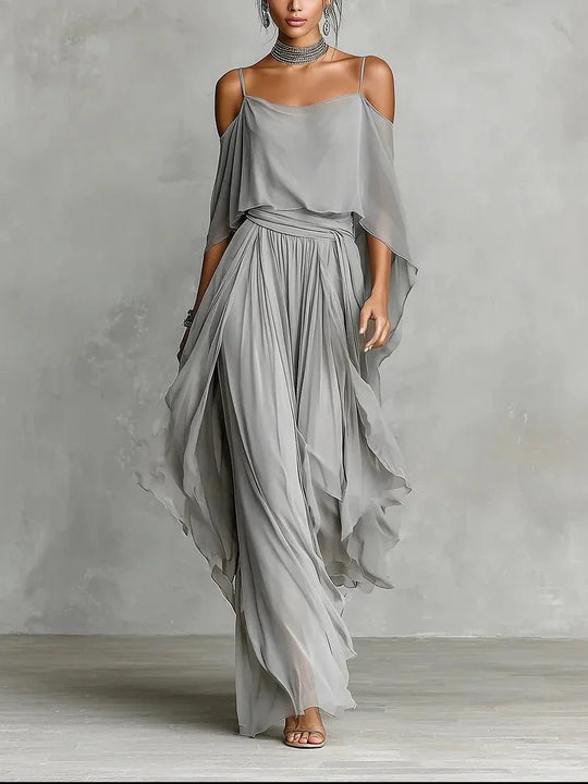 Isabela | Conjunto fluido gris con top de tirantes y pantalón ligero - RivenaModa