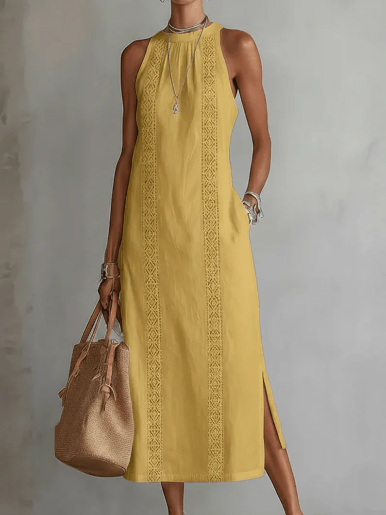 Jimena - Vestido midi de lino con cuello mao - RivenaModa