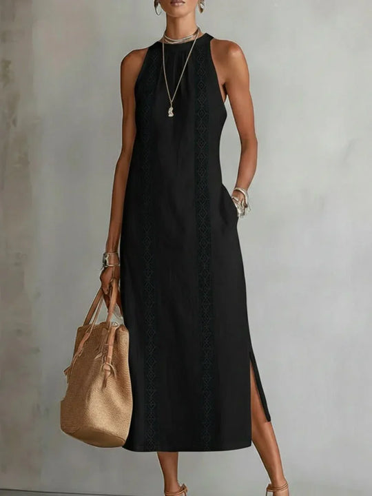 Jimena - Vestido midi de lino con cuello mao - RivenaModa