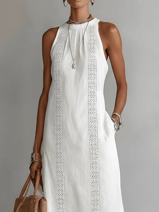 Jimena - Vestido midi de lino con cuello mao - RivenaModa
