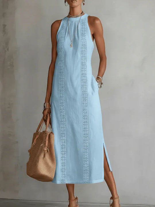 Jimena - Vestido midi de lino con cuello mao - RivenaModa