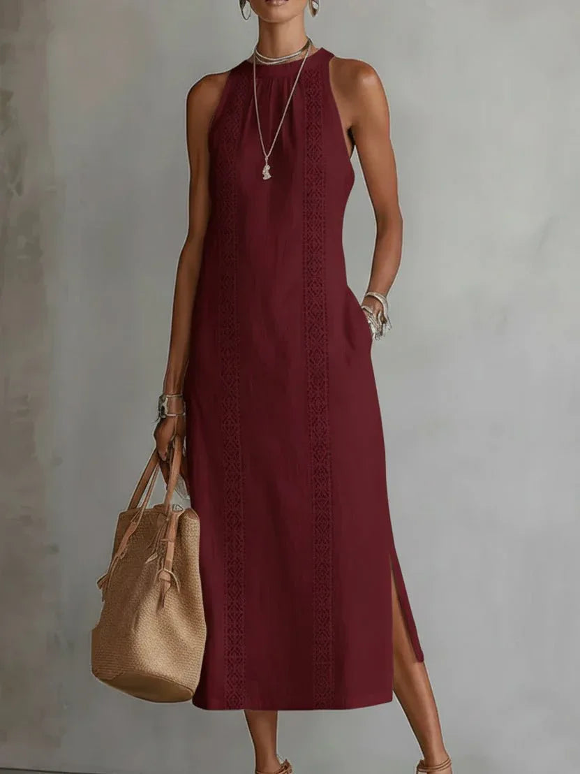 Jimena - Vestido midi de lino con cuello mao - RivenaModa