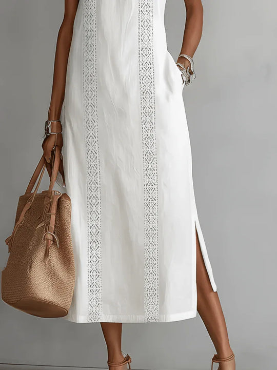 Jimena - Vestido midi de lino con cuello mao - RivenaModa