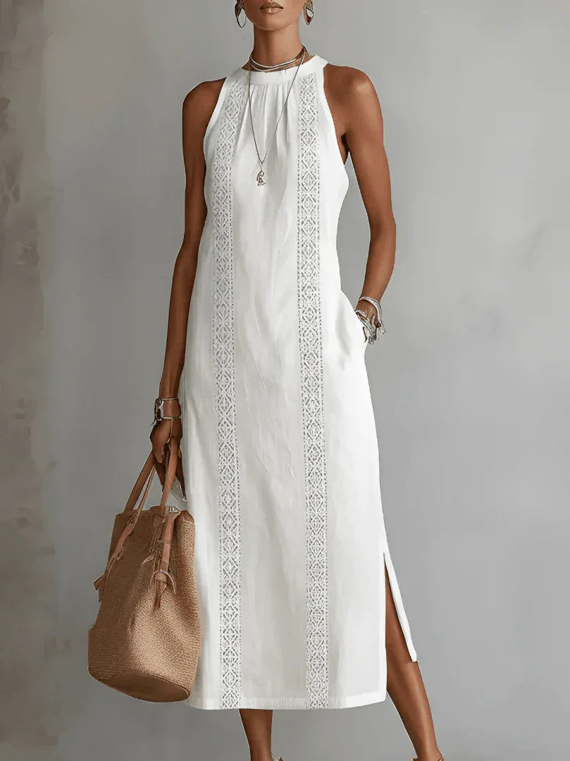 Jimena - Vestido midi de lino con cuello mao - RivenaModa