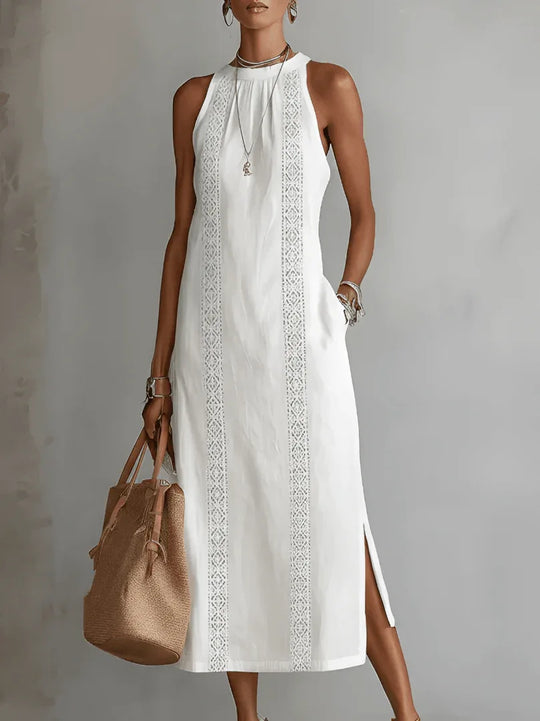 Jimena - Vestido midi de lino con cuello mao - RivenaModa