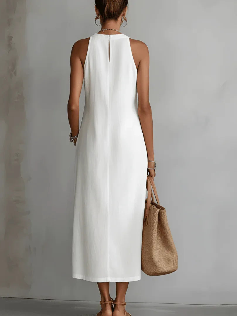 Jimena - Vestido midi de lino con cuello mao - RivenaModa