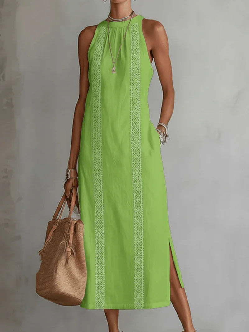 Jimena - Vestido midi de lino con cuello mao - RivenaModa