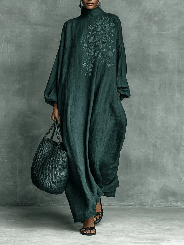 Leticia | Vestido maxi fluido con mangas largas y cuello semi alto - RivenaModa