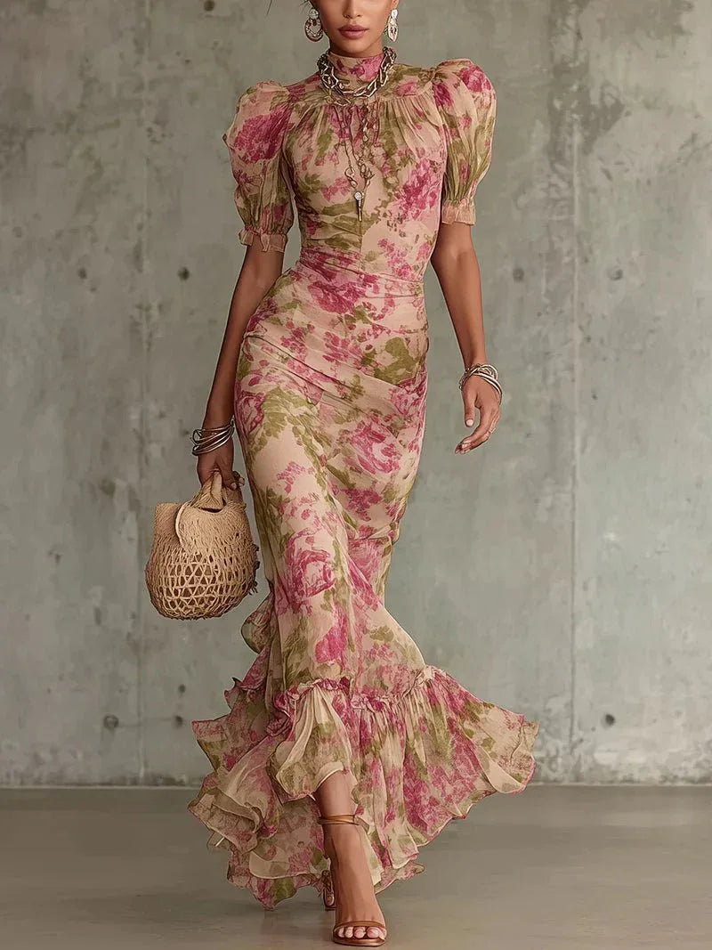 Lorena | Vestido largo romántico con estampado de rosas - RivenaModa