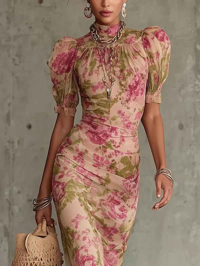 Lorena | Vestido largo romántico con estampado de rosas - RivenaModa