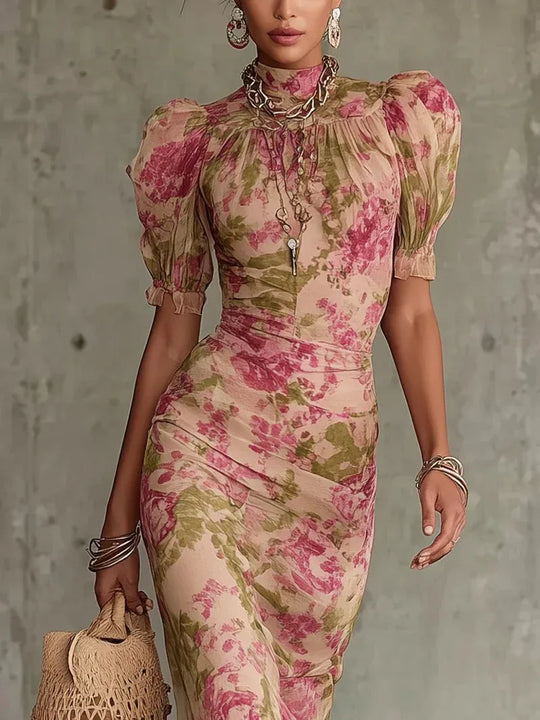 Lorena | Vestido largo romántico con estampado de rosas - RivenaModa