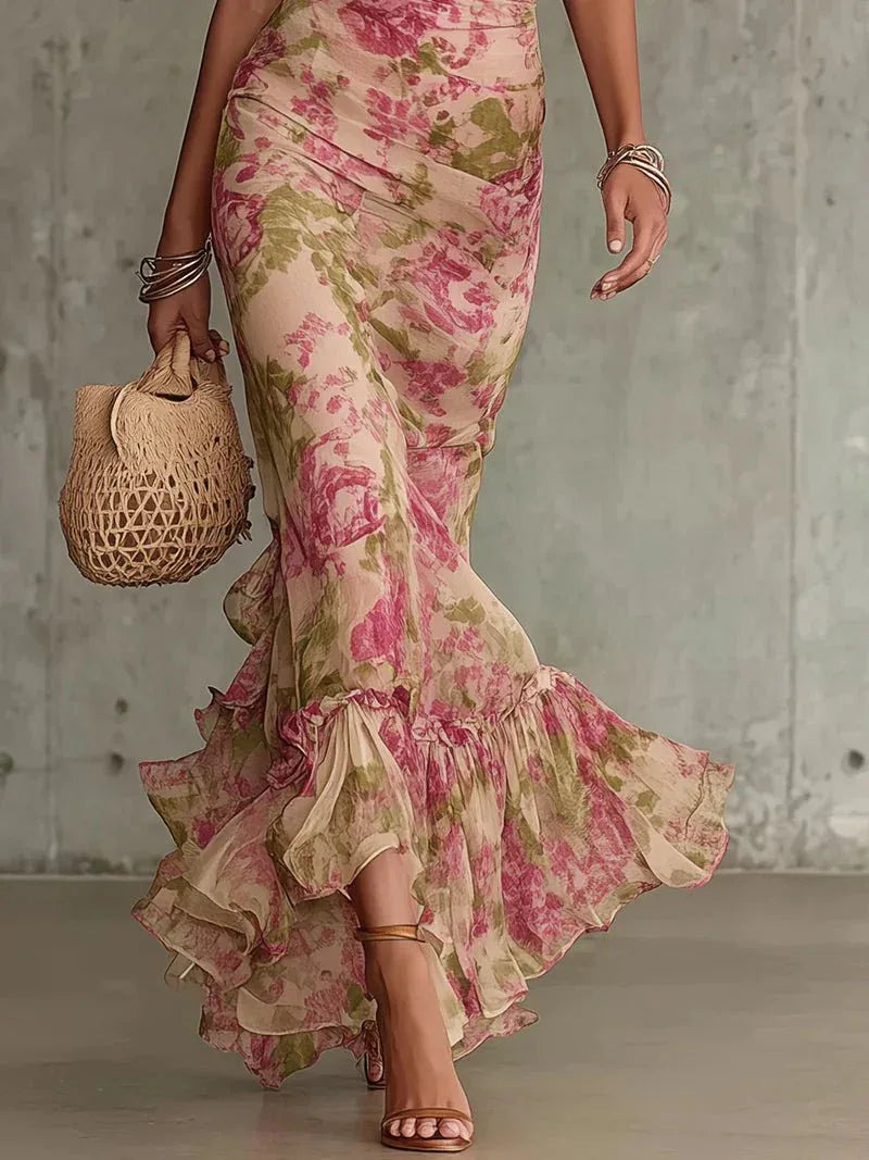 Lorena | Vestido largo romántico con estampado de rosas - RivenaModa