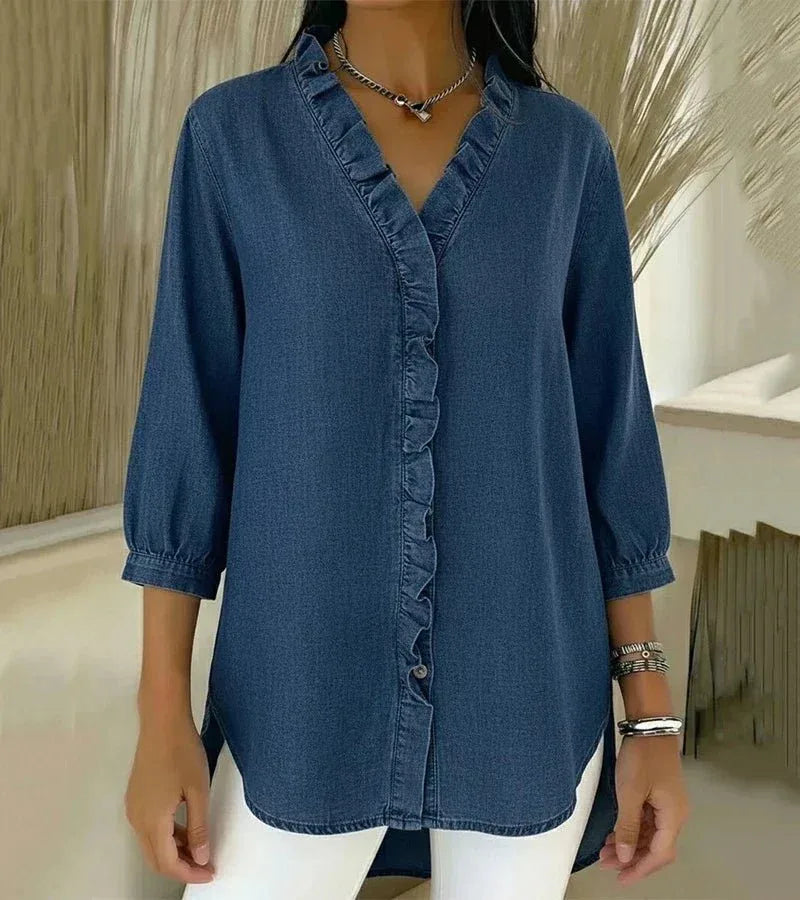 Lucía | Blusa denim fluida con cuello en V - RivenaModa