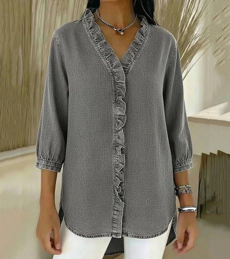 Lucía | Blusa denim fluida con cuello en V - RivenaModa