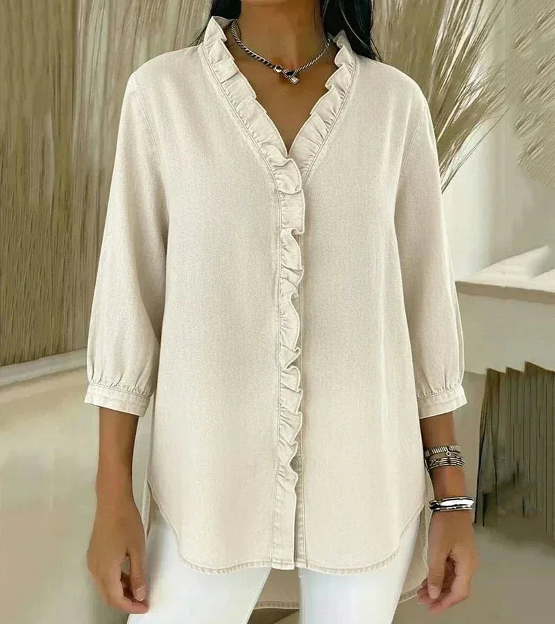 Lucía | Blusa denim fluida con cuello en V - RivenaModa