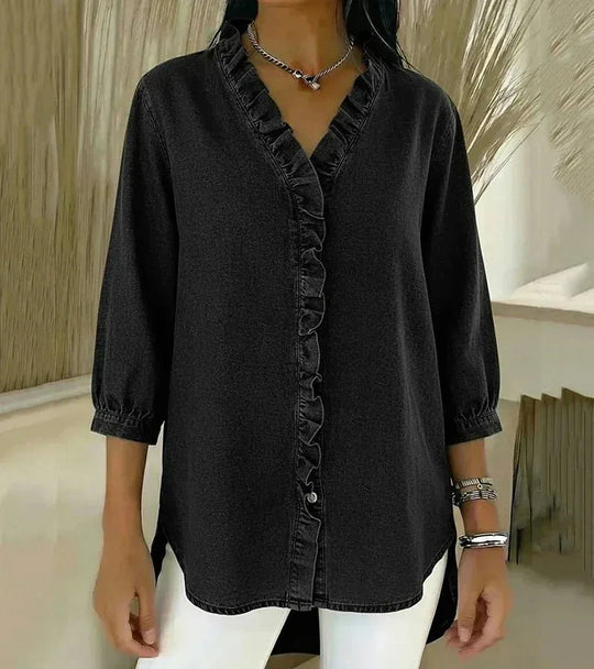 Lucía | Blusa denim fluida con cuello en V - RivenaModa