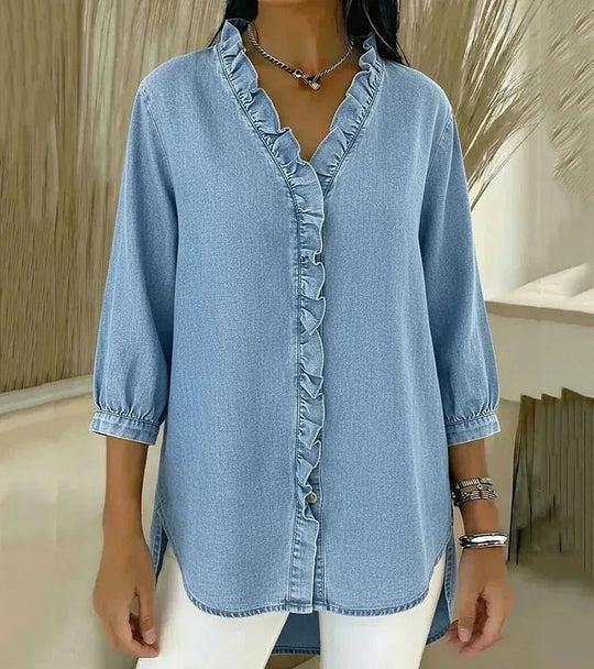 Lucía | Blusa denim fluida con cuello en V - RivenaModa