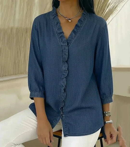 Lucía | Blusa denim fluida con cuello en V - RivenaModa