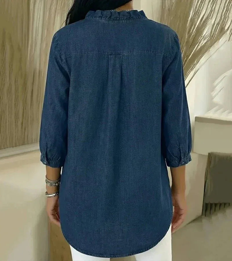 Lucía | Blusa denim fluida con cuello en V - RivenaModa