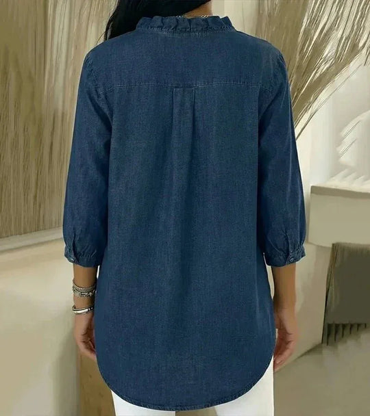 Lucía | Blusa denim fluida con cuello en V - RivenaModa
