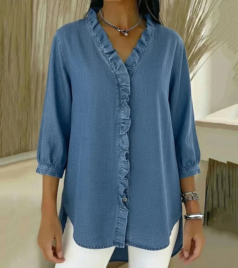 Lucía | Blusa denim fluida con cuello en V - RivenaModa