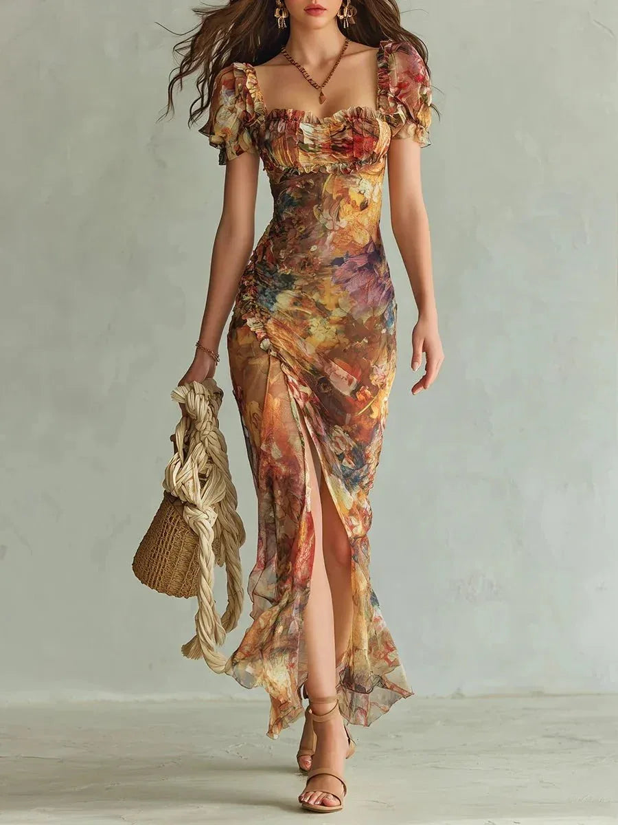 Marina | Vestido largo en chiffon naranja con estampado artístico estilo bohemio - RivenaModa