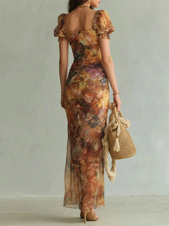 Marina | Vestido largo en chiffon naranja con estampado artístico estilo bohemio - RivenaModa