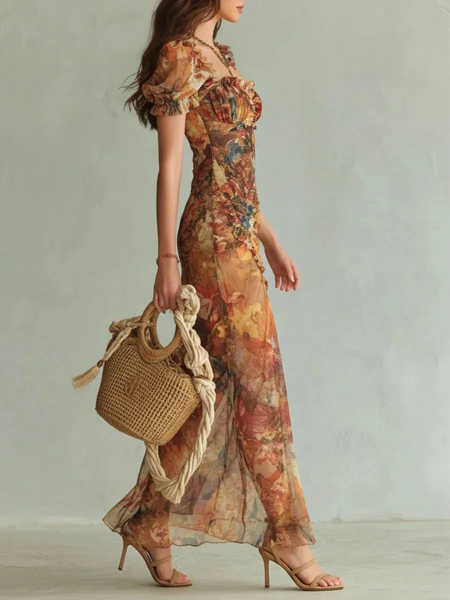 Marina | Vestido largo en chiffon naranja con estampado artístico estilo bohemio - RivenaModa