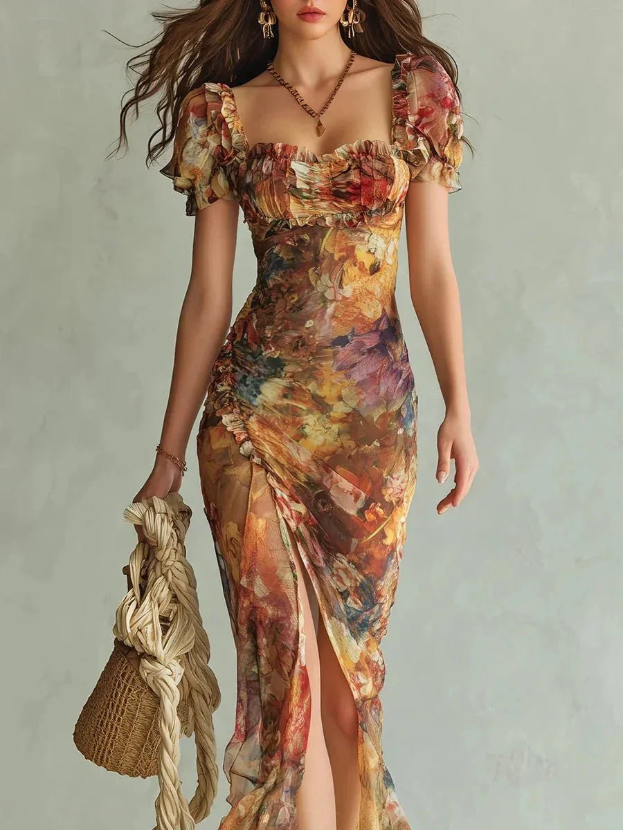 Marina | Vestido largo en chiffon naranja con estampado artístico estilo bohemio - RivenaModa