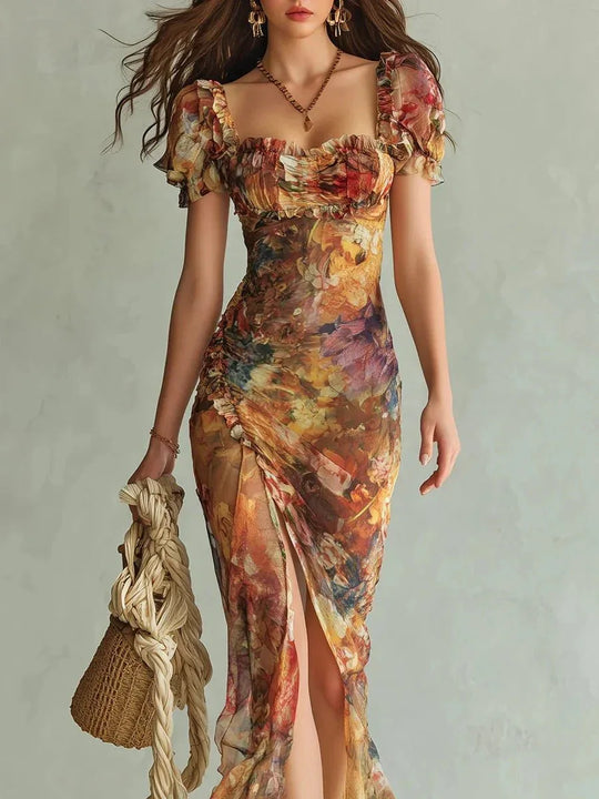 Marina | Vestido largo en chiffon naranja con estampado artístico estilo bohemio - RivenaModa