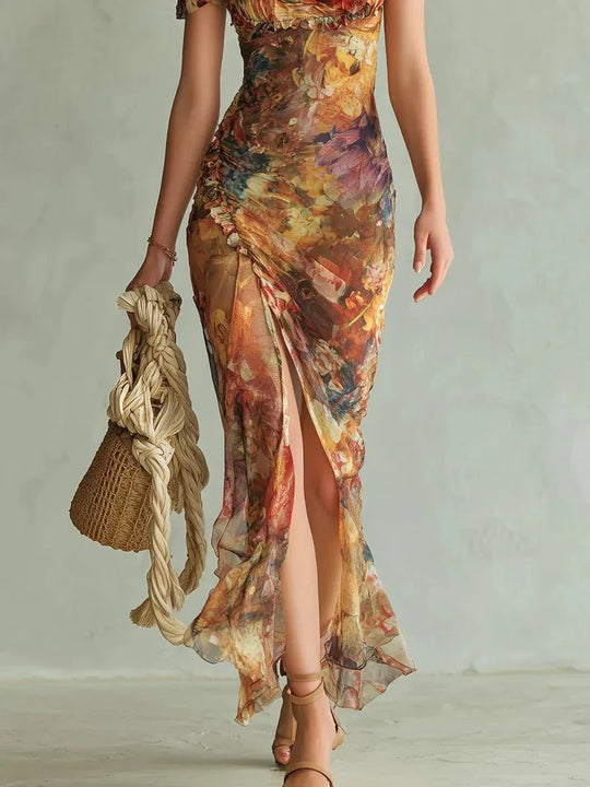 Marina | Vestido largo en chiffon naranja con estampado artístico estilo bohemio - RivenaModa