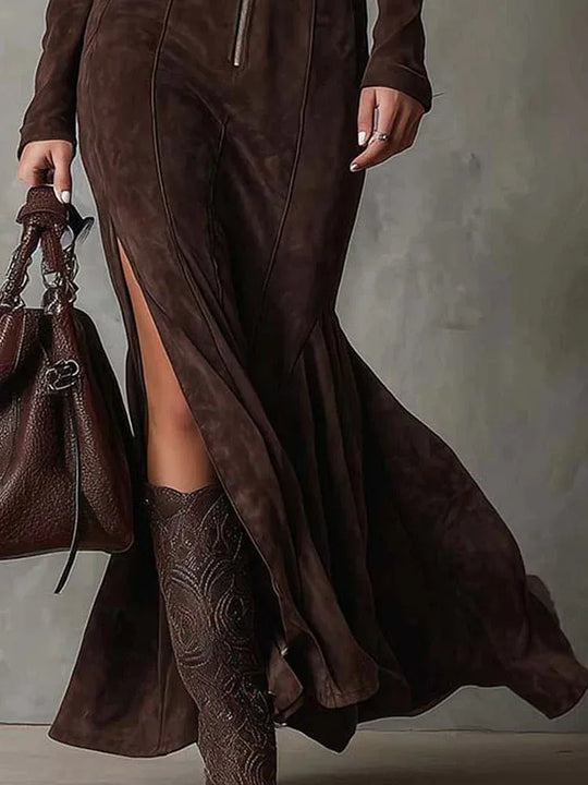 Marsella | Vestido largo marrón con cinturón - RivenaModa