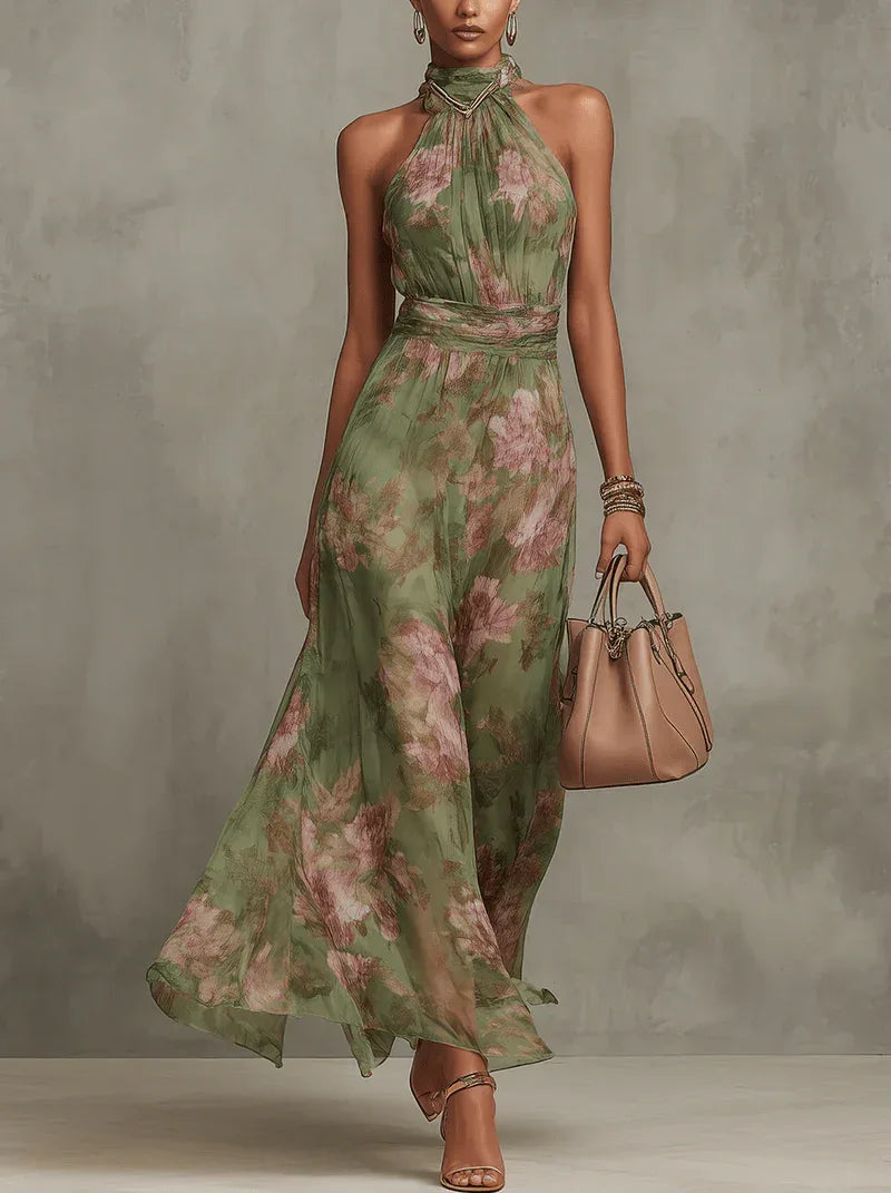 Marta | Vestido largo floral en chiffon con escote halter - RivenaModa