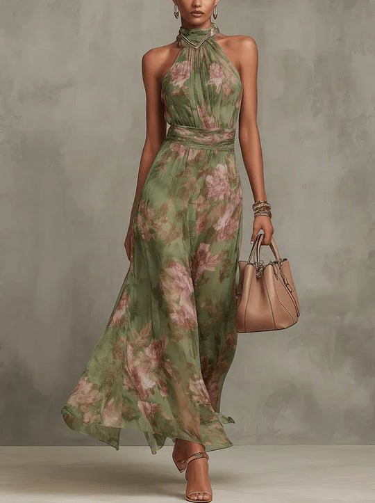 Marta | Vestido largo floral en chiffon con escote halter - RivenaModa