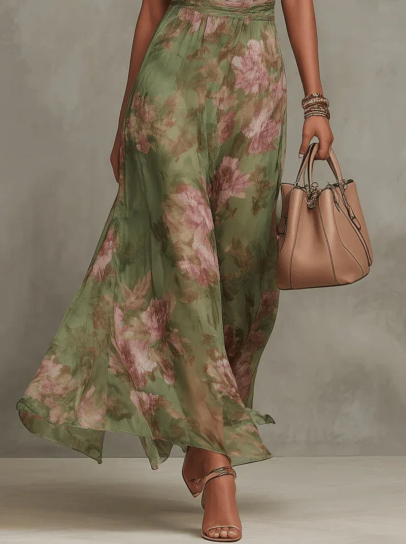 Marta | Vestido largo floral en chiffon con escote halter - RivenaModa