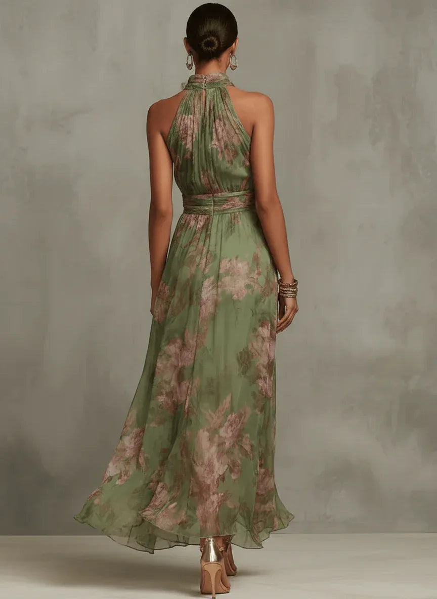 Marta | Vestido largo floral en chiffon con escote halter - RivenaModa