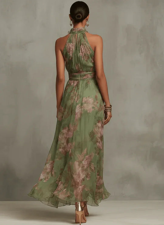 Marta | Vestido largo floral en chiffon con escote halter - RivenaModa