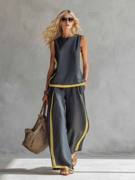 Natalia | Conjunto fluido gris con top sin mangas y pantalón ancho - RivenaModa