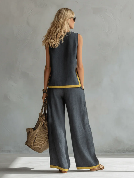 Natalia | Conjunto fluido gris con top sin mangas y pantalón ancho - RivenaModa