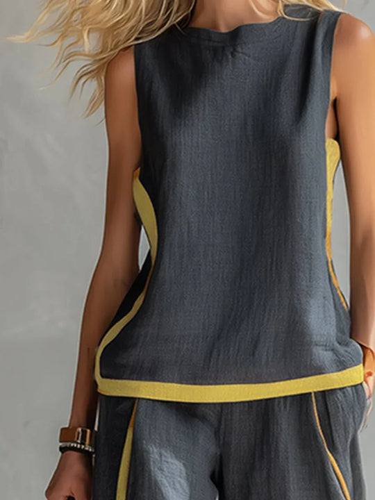 Natalia | Conjunto fluido gris con top sin mangas y pantalón ancho - RivenaModa