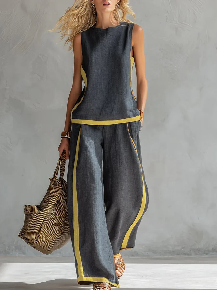 Natalia | Conjunto fluido gris con top sin mangas y pantalón ancho - RivenaModa