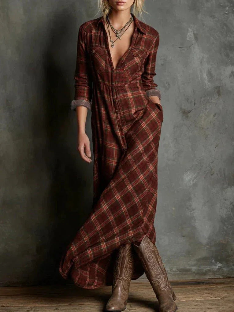 Paula | Vestido largo camisero con estampado de cuadros verdes - RivenaModa