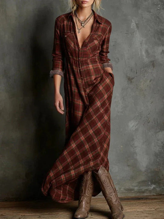 Paula | Vestido largo camisero con estampado de cuadros verdes - RivenaModa