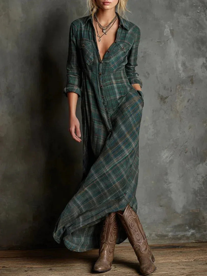 Paula | Vestido largo camisero con estampado de cuadros verdes - RivenaModa